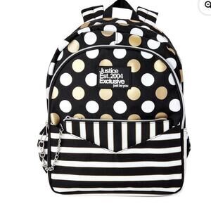 Justice Est 2004 Exclusive "Just Be You" Gold & White Polka-dot & Strip Backpack